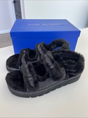 Stuart Weitzman black suede faux fur zoe lift chill open toe chunky sandals 10